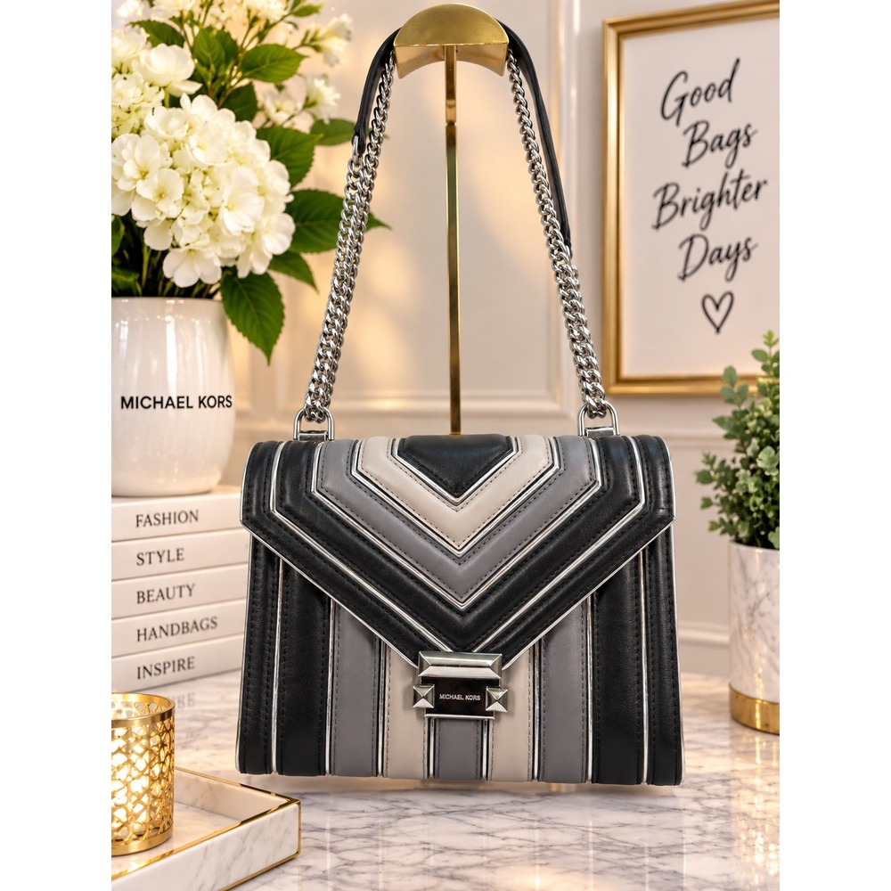 Michael Kors Whitney Leather Shoulder Bag Chevron Black Grey Silver Stripe